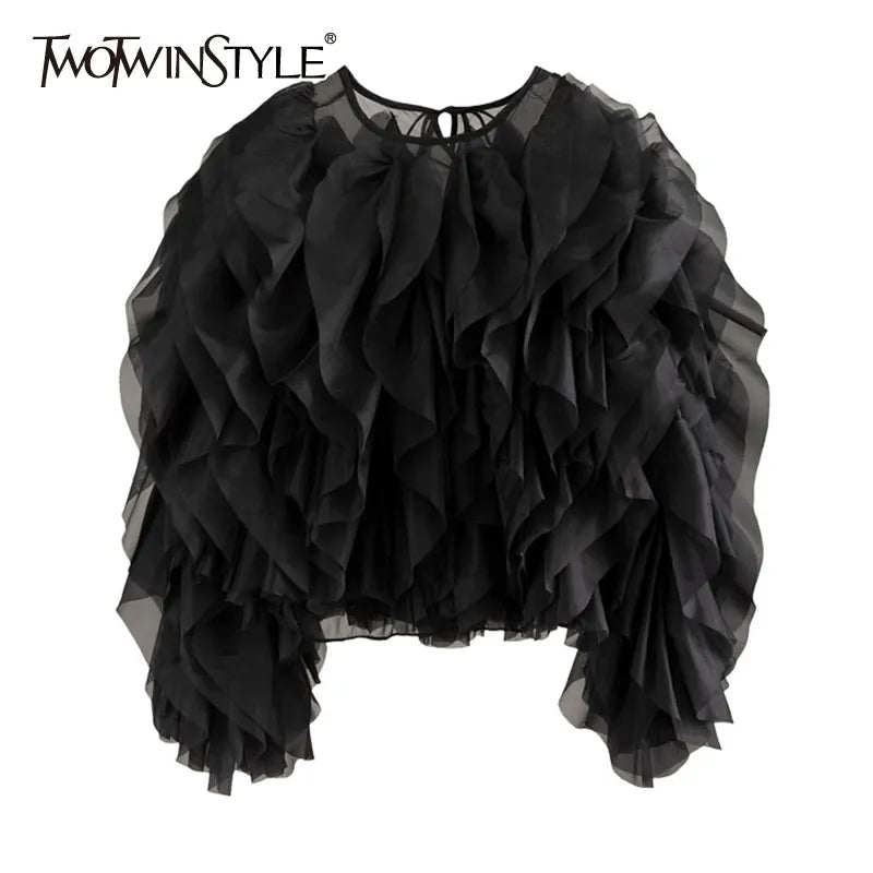 Vintage Patchwork Ruffle Lace Shirt For Women O Neck Lantern Long Sleeve Solid Elegant Blouse Boutique Fashion New Chic Top