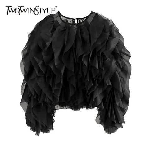 Blouse Women Vintage Patchwork Ruffle Lace O-Neck Lantern Long Sleeve Solid Elegant Chic Top Shirt