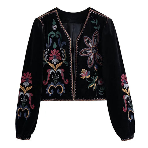 Velvet Embroidered Blazer Women Vintage Cropped Open Front Boho Casual Chic Outerwear Fashion