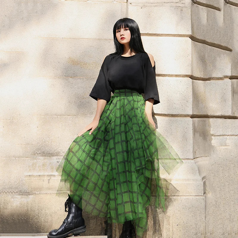 Women's Green Plaid Tulle Print Skirt Asymmetric Elastic Waist Streetwear A-line Midi Layered Skirt