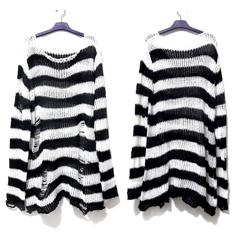Striped Gothic Sweater Unisex Long Loose Hollow Out Hole Distressed Cool Streetwear Fashion