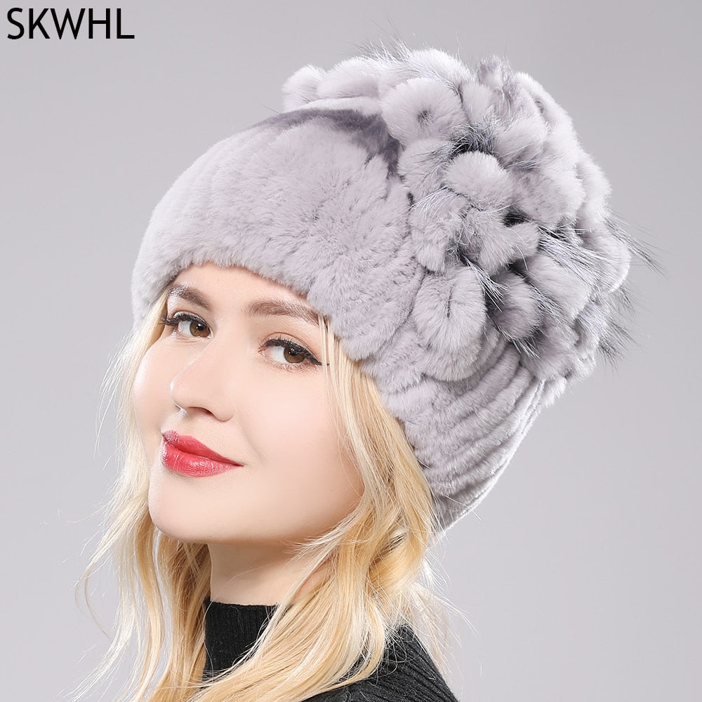 Women's Genuine Rex Rabbit Fur Hat Striped Top Flower Warm Real Fur Knit Beanie Caps