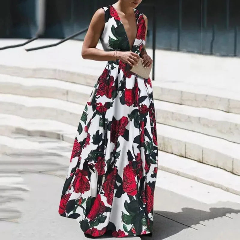 Elegant Floral Print Sling Party Dress Vintage Sleeveless Patchwork A-Line Dress Sexy Holiday Dress Plus Sizes