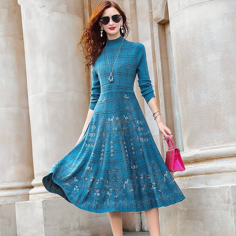 Elegant A-line Knit Slim Waist Dress Long Sleeve Sweater Dresses for W Elegant A-line Knit Slim Waist Dress Long Sleeve Sweater Dresses for W