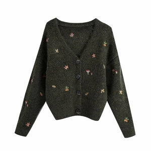 Women's Embroidered Vintage Knit Cardigan V-Neck Fall Winter Cardigan