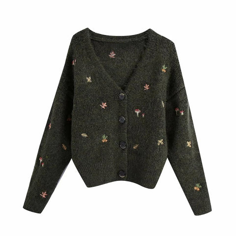 Embroidered Knit Cardigan Women Vintage V-Neck Fall Winter Casual Elegant Fashion Sweater