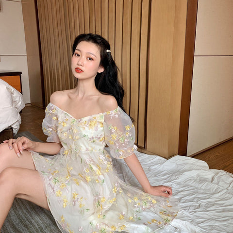 Puff Sleeve Lace Chiffon Midi Dress Women French Fairy Daisy Sage Elegant Casual Summer Fashion