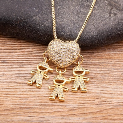 Gift For Mother Son Daughter Heart Gold Color Cubic Zirconia Necklace Family Women's Pendant Necklace