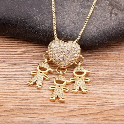 Heart Pendant Necklace Women Gold Cubic Zirconia Family Mother Daughter Son Jewelry Gift