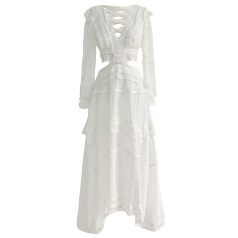 Long Sleeve Chiffon Maxi Dress Women Hollow Out Bandaged Back Beach Casual Summer Fashion