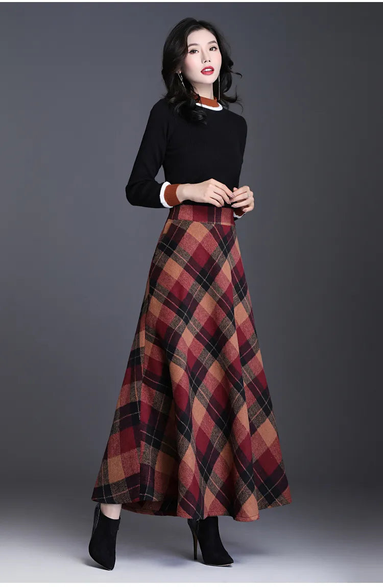 Women's Wool Thick Warm Plaid Skirts British Style Clothing with Pockets Pleated A-Line Midi Tartan Skirt