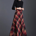 Women's Wool Thick Warm Plaid Skirts British Style Clothing with Pockets Pleated A-Line Midi Tartan Skirt