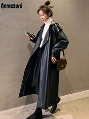 Women's Black Oversized Long Waterproof Vegan Leather Trench Coat