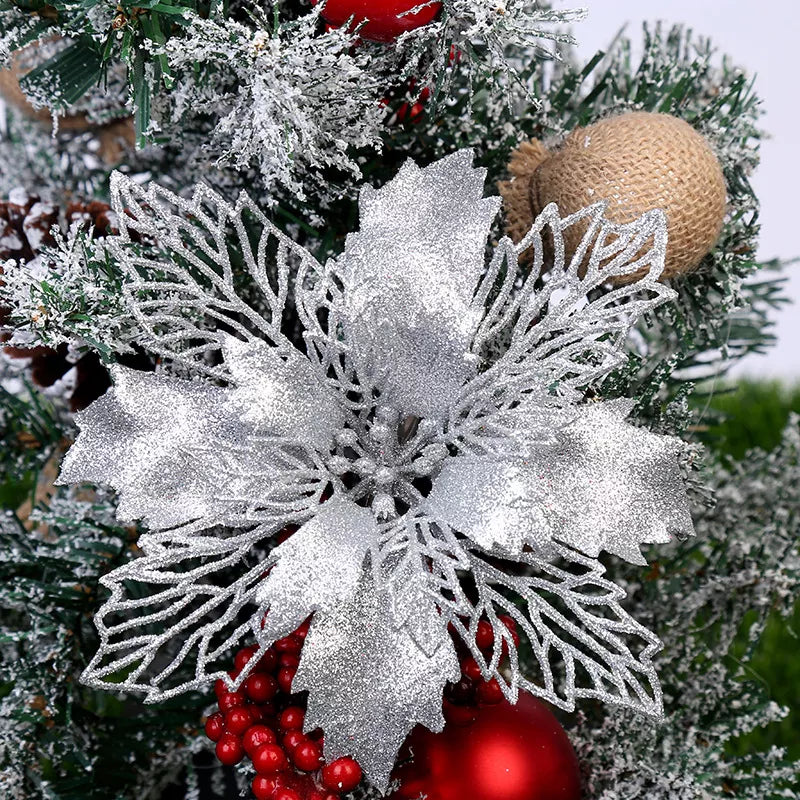 5-Pack Glitter Artificial Christmas Poinsettia Flowers For Christmas Tree Decorations for Home 9-16cm Fake Flowers Xmas Ornaments New Year Decor