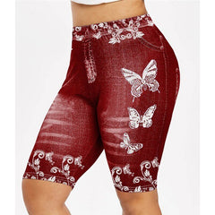 Women's Faux Denim Butterfly Print Short Leggings Running Tights Yoga Shorts