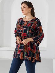 Plus Size Blouse for Women Three Quarter Sleeve Colorful Print Casual Long Blouse Loose Oversized Tops