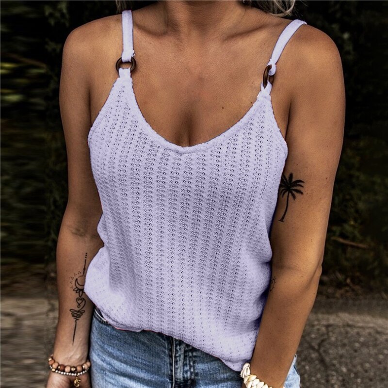 Women's Summer Fashion Tank Tops Sleeveless Round Neck Knit Suspenders Sling Tank T-Shirt