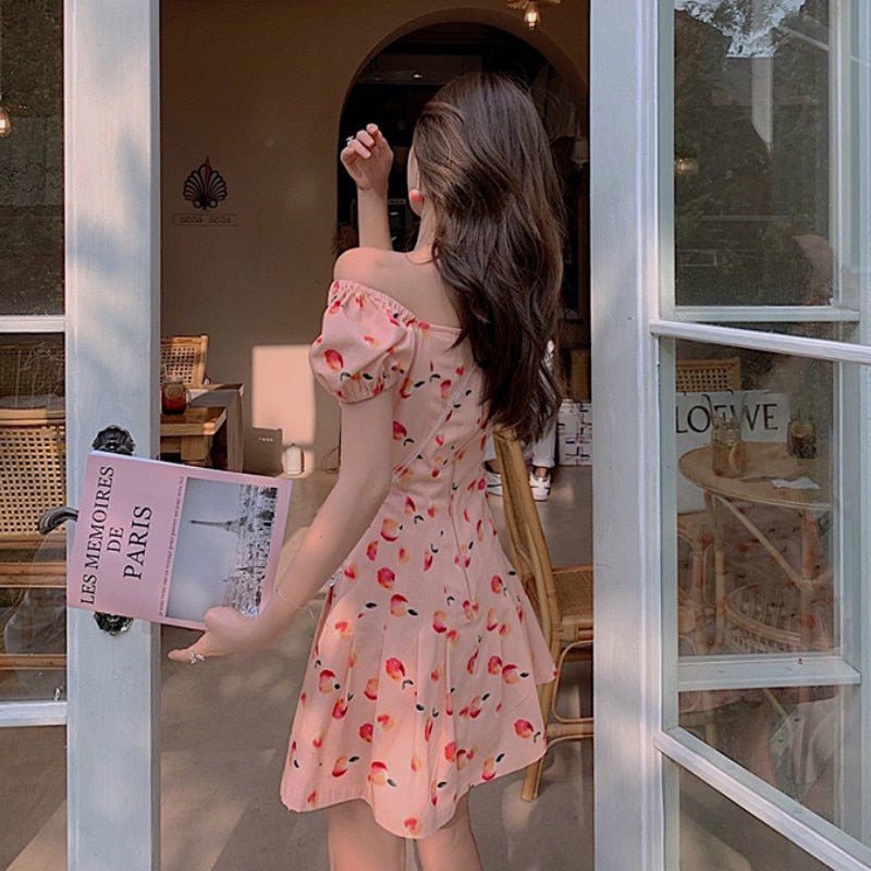 fruit dress women Fruit Print Mini Dress Women Elegant Pink Korean Style Casual Summer F
