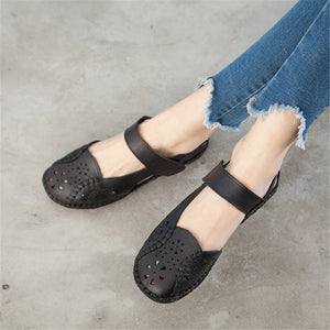 Women's Sandals Hollow Out Genuine Leather Breathable Soft Flat Sandals Summer Casual Solid Buckle Strap Sandals
