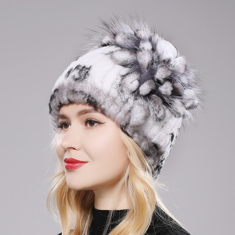 Women's Genuine Rex Rabbit Fur Hat Striped Top Flower Warm Real Fur Knit Beanie Caps