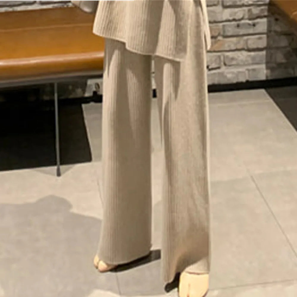 New Boutique Fashion Women's Thick Warm Knitted Two-Piece Pant Suit Pullover Sweater + High Waist Loose Wide Leg Pants Set