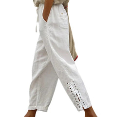 Women's Elegant Embroidered Lace Straight Summer Pants Drawstring Elastic Waist w/ Pockets Beach Capris
