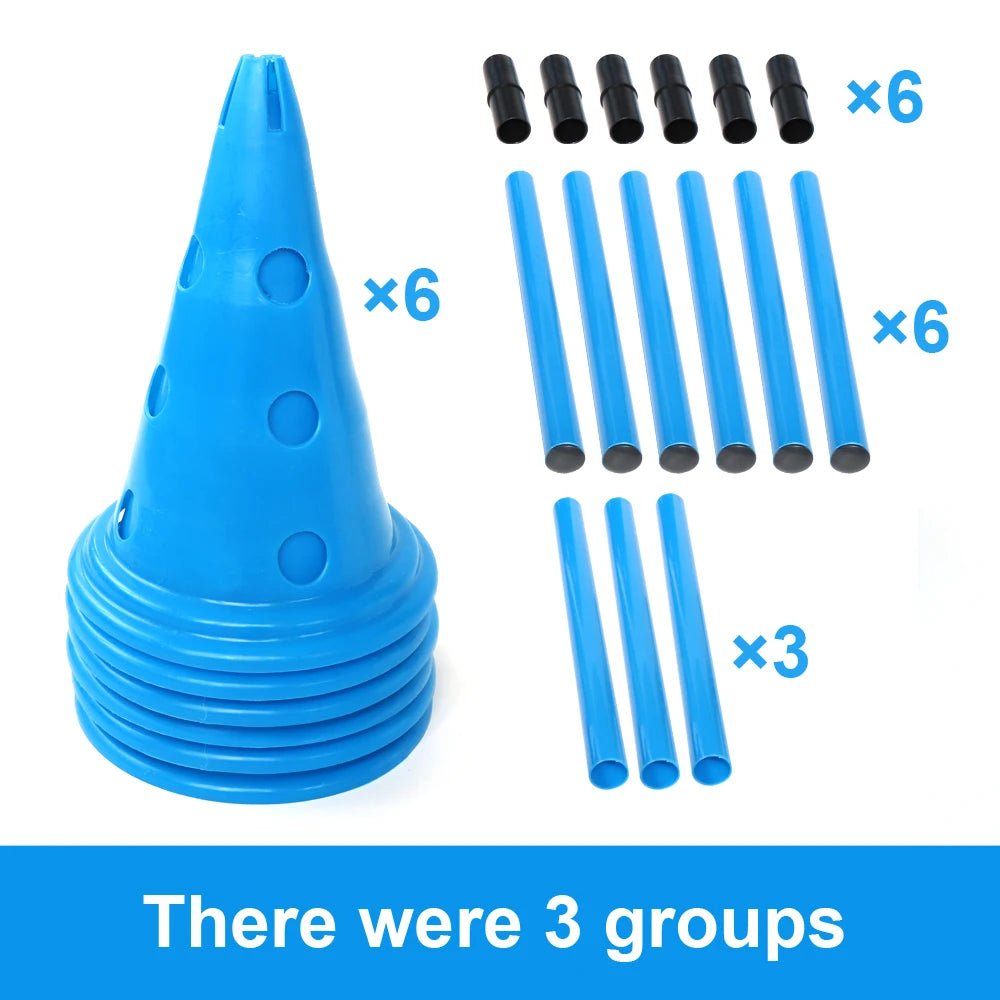Set of blue dog training cones and blue poles on a white background