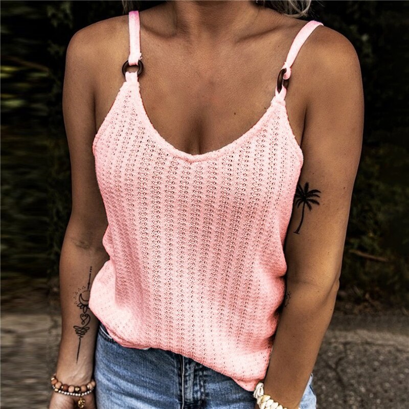 Women's Summer Fashion Tank Tops Sleeveless Round Neck Knit Suspenders Sling Tank T-Shirt