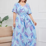 Plus Size V-Neck Floral Print Boho Dress Women Spring Summer Short Sleeve A-Line Long Dress w/ Belt