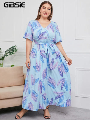Plus Size V-Neck Floral Print Boho Dress Women Spring Summer Short Sleeve A-Line Long Dress w/ Belt