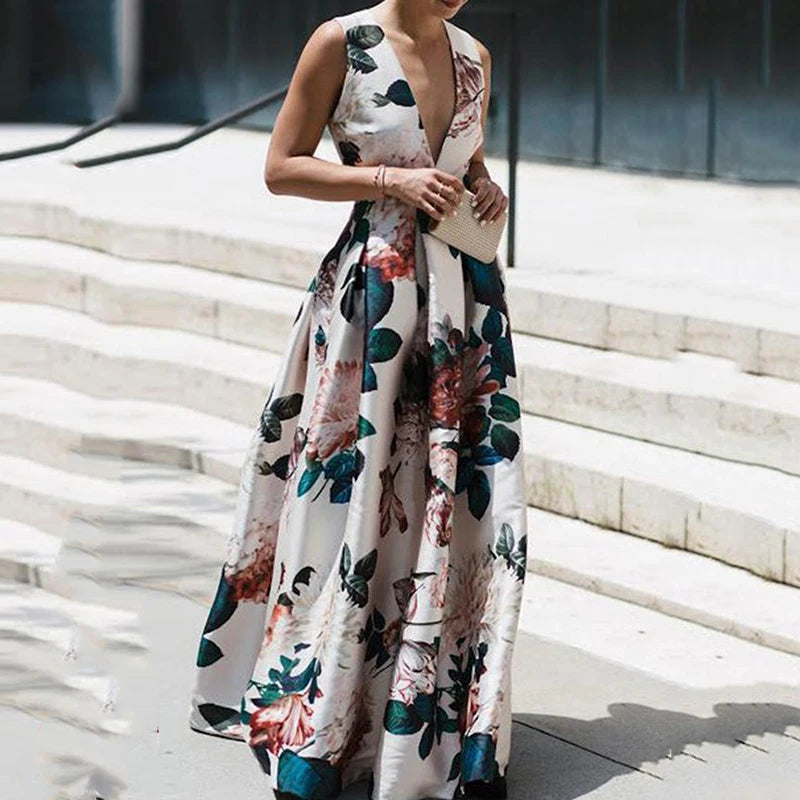 Elegant Floral Print Sling Party Dress Vintage Sleeveless Patchwork A-Line Dress Sexy Holiday Dress Plus Sizes