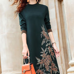 Women's Embroidered Knitted Long Sleeve Dress Thin Round Neck