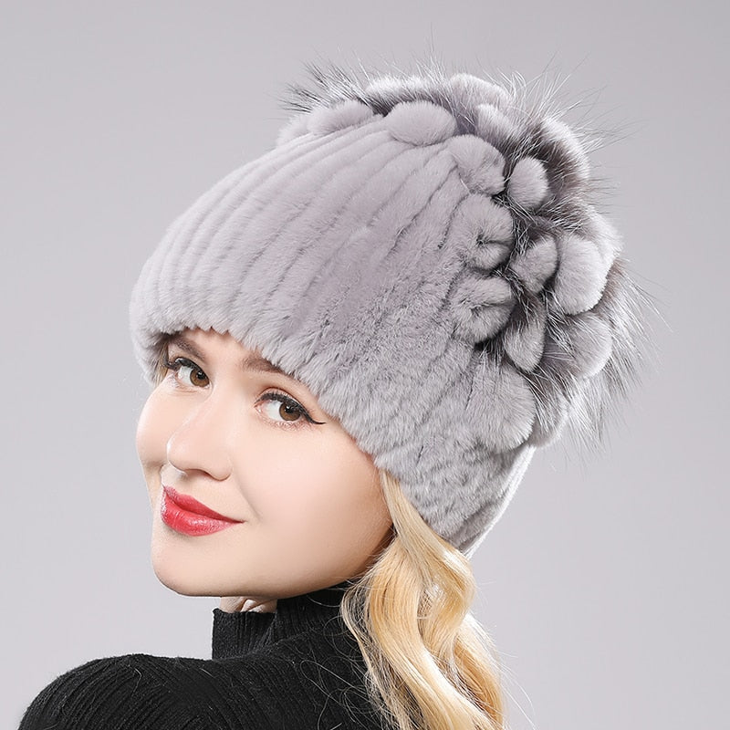 Women's Genuine Rex Rabbit Fur Hat Striped Top Flower Warm Real Fur Knit Beanie Caps