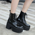 Woman's Lace Up Chunky Wedge Platform Boots Black Shiny Faux Patent Leather Goth Ankle Boots