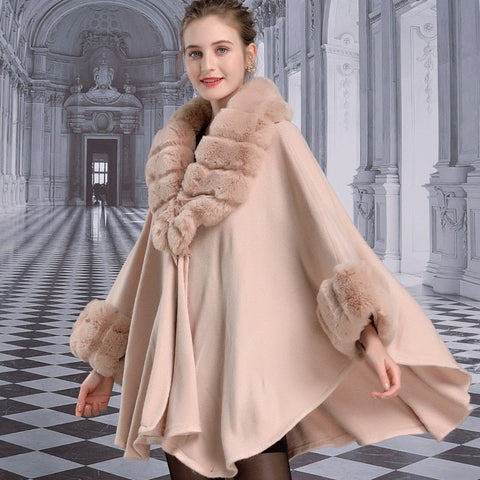 Faux Fur Collar Cape Cardigan Women Cashmere Rabbit Fur Big Striped Knitted Party Elegant Fashion