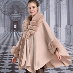 Women's Faux Fur Collar Cashmere Party Overcoat Fake Rabbit Fur Big Striped Collar Knitted Cardigan Cape