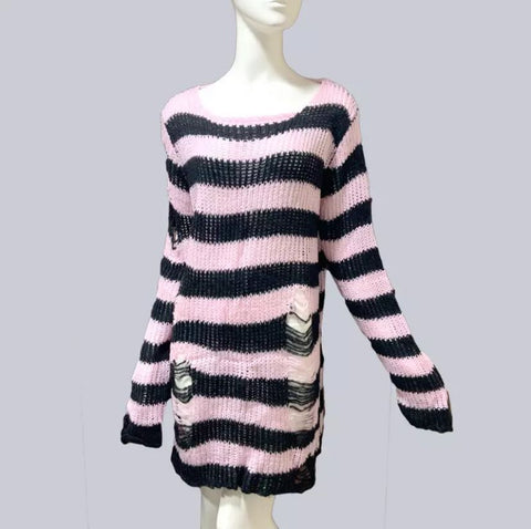 Striped Gothic Sweater Unisex Long Loose Hollow Out Hole Distressed Cool Streetwear Fashion