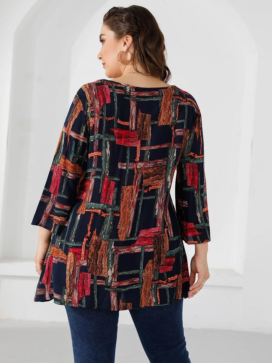 Plus Size Blouse for Women Three Quarter Sleeve Colorful Print Casual Long Blouse Loose Oversized Tops