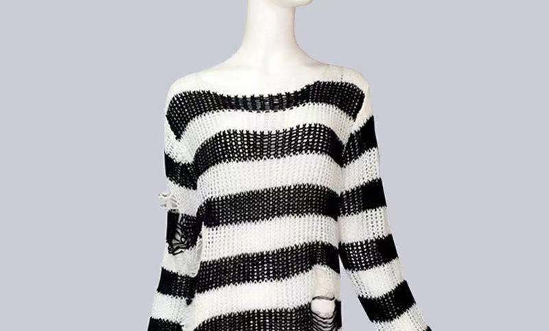 Long Striped Unisex Loose Sweater Cool Gothic Hollow Out Hole Distressed Top