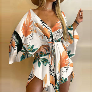 Women's Tropical Print Dress V Neck Batwing Sleeve Tie Mini Dress Beachwear