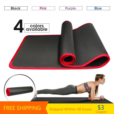Black and red exercise mat with a woman exercising on it, and text indicating four color options and free shipping.
