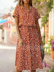 Women's Short Sleeve Collared Dress Drawstring Waist Polka Dot Print A Line Midi Dress