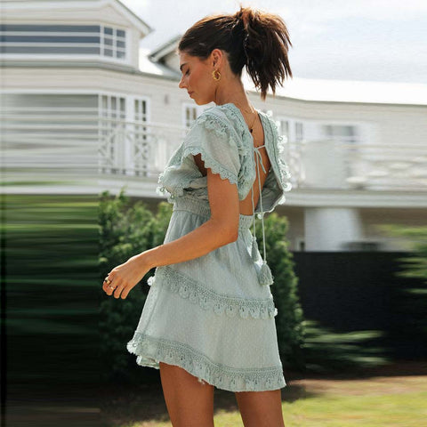 V-Neck Lace Tie-Up Mini Dress Women Cotton Batwing Sleeve Casual Summer Sundress Fashion