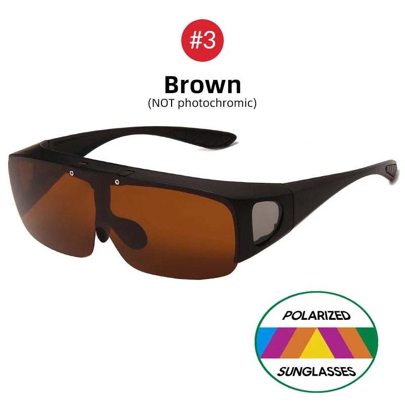 Brown sunglasses with black frame on a white background, featuring a 'Polarized Sunglasses' logo.