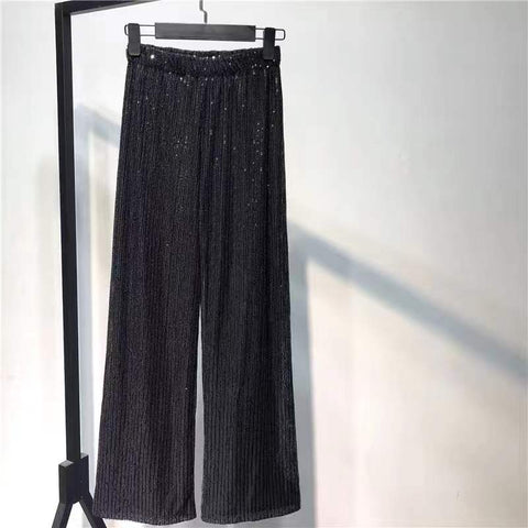 Sequin Wide Leg Pants Women Silver Elastic Waist Luxurious Elegant Party Casual Fashion Trousers