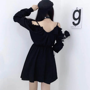 Plus Size Women's Gothic Black Mini Dress Sexy Off Shoulder High Waist Vintage Party Dress Long Sleeve V Neck Dress