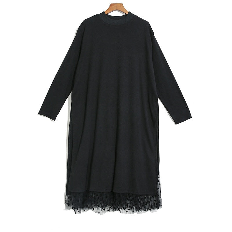 Black Mesh Dot Split Joint Loose Fit Dress Round Collar Long Sleeve Loose Fit Fashion