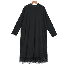 Black Mesh Dot Split Joint Loose Fit Dress Round Collar Long Sleeve Loose Fit Fashion