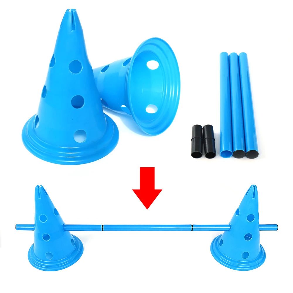 Blue plastic dog training cones with connectors on a white background
