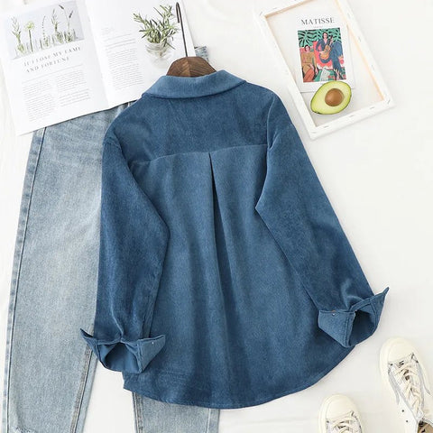 Corduroy Shirt Women Button Down Collar Vintage Style Long Sleeve Casual Fashion Blouse Top